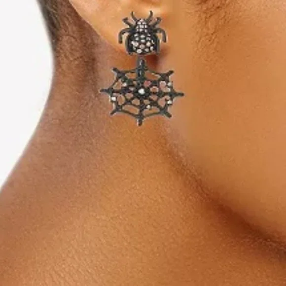 VERA WANG Goth Halloween Spider Web Black Hematite Crystal Front Back Earrings - Picture 3 of 4